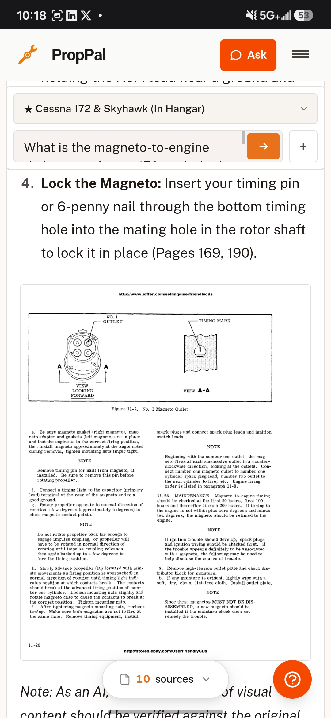 PropPal answering a magneto-to-engine timing question for a Cessna 172, reading a manual diagram of the No. 1 magneto outlet